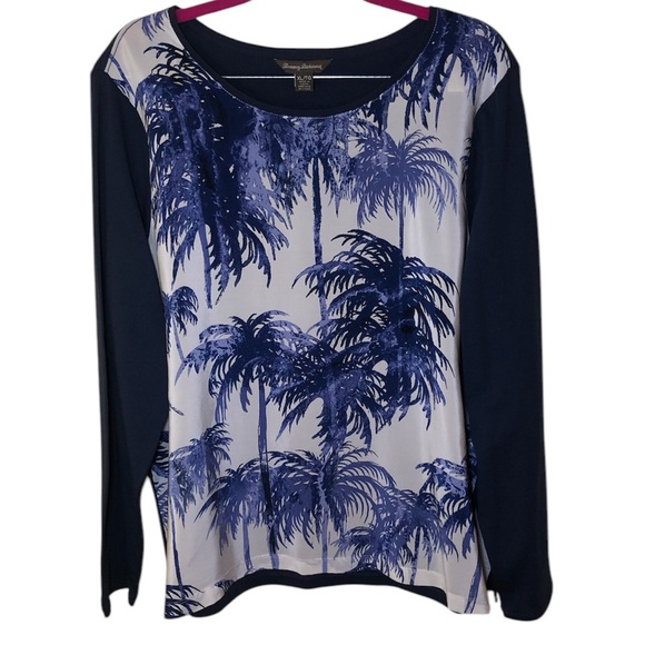 Tommy bahama Long sleeve White Blue Palm tree Print Blouse size XL - Picture 1 of 6